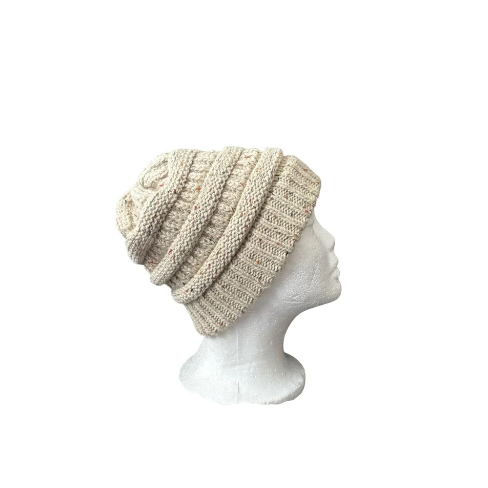 C.C Knit Beanie Hat Cream Speckled Chunky Cable Slouchy Womens Winter - Picture 6 of 8